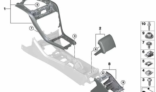 Soporte embellecedor consola central negro OEM 51168094357 para BMW F91, F92, F93. Original BMW.
