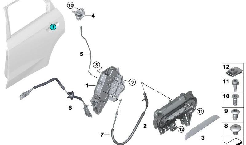 Rear left system lock for BMW 1 Series F40, 2 Series F44, U06, 3 Series G20, G28, X1 U12 (OEM 51227956143). Original BMW