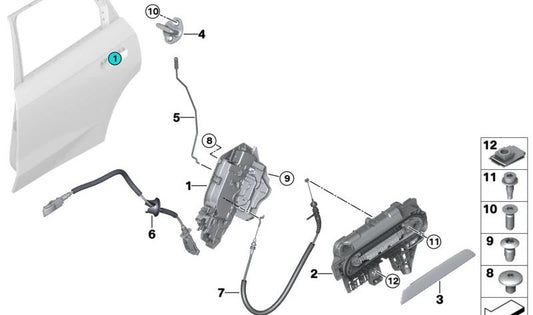 Rear left system lock for BMW 1 Series F40, 2 Series F44, U06, 3 Series G20, G28, X1 U12 (OEM 51227956143). Original BMW