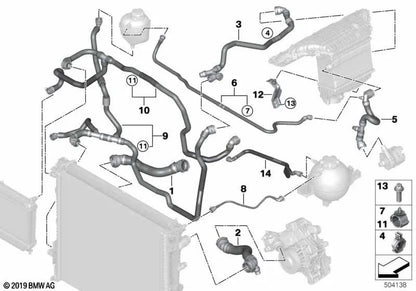 Manguera del radiador OEM 17128054854 para BMW X3 M F97, X4 M F98, X3 M F97 LCI, X4 M F98 LCI. Original BMW.
