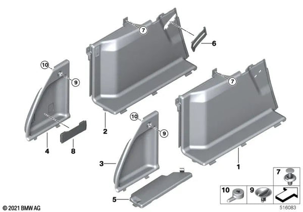 Panel del maletero izquierdo para BMW G31, G31N (OEM 51477437921). Original BMW.