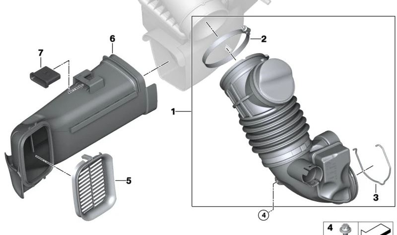 Intake duct for BMW G42 2 Series, G20, G20N, G21, G21N, G28, G28N 3 Series, G22, G22N, G23, G23N, G26, G26N 4 Series (OEM 13718635103). Original BMW