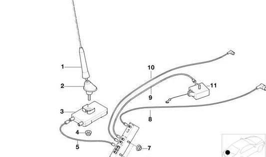 Cable de antena OEM 61126904065 para BMW E46. Longitud 4790 mm. Compatible con sistema Antena Diversity. Original BMW.