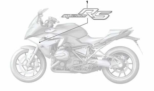 Emblema lateral izquierdo OEM 51148564327 para BMW Motorrad R 1200 RS (RK54, 0A05, A74) años 2014-2018. Pieza original BMW Motorrad.