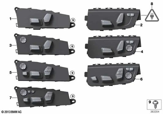 Interruttore di regolazione del sedile anteriore destro per BMW F07, F10, F11, F01, F02 (OEM 61319275082). BMW originale.
