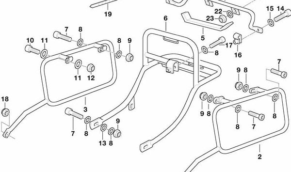 Soporte maleta derecha OEM 46542317408 para BMW R850GS, R1100GS, R1150GS, R1150GS Adventure. Original BMW Motorrad.