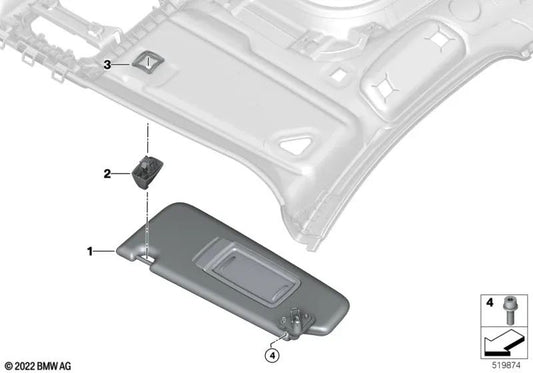 Parasole a destra per la serie BMW 7 G70 (OEM 51165A11ED0). BMW originale.