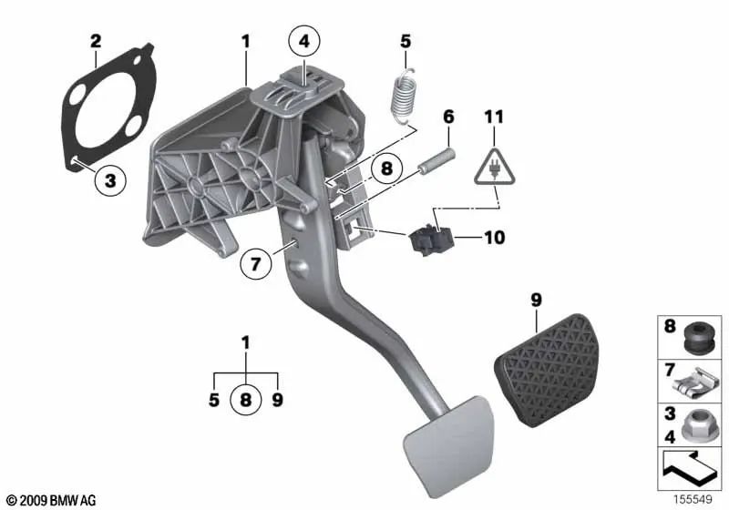Set di pedale completo per BMW 5 F07 Series, F10, F11, F18, Serie 6 F06, F12, F13, 7 F01 Series, F02, F04 (OEM 35006775368). BMW originale.