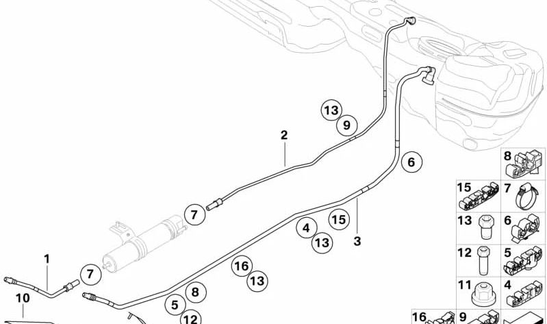 Tubería de combustible delantera OEM 16126766441 para BMW E81, E82, E87, E87N, E88. Original BMW.