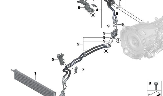 Tubería de refrigeración de aceite de la caja de cambios OEM 17229845896 para BMW X5 G05N, G18N, X6 G06N, X7 G07N. Original BMW.