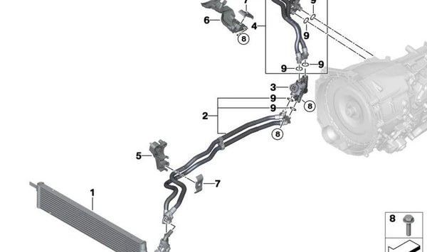 Tubería de refrigeración de aceite de la caja de cambios OEM 17229845896 para BMW X5 G05N, G18N, X6 G06N, X7 G07N. Original BMW.