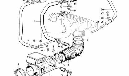 Manguito del sistema de admisión OEM 11631286273 para BMW E30 318i {modelos: 318i E30, todos los tipos de motorización y transmisión indicados}. Original BMW.