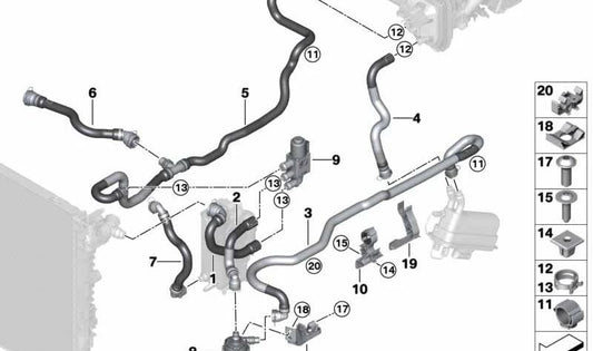 Manguera de refrigerante (Vorlauf 3) OEM 64219314673 para BMW G30, G38, G11, G12. Recambio original BMW.