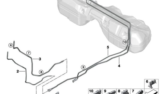 Tubo de retorno de combustible delantero OEM 16125A1A320 para BMW G42, G20, G21, G28, G22, G23, G26. Compatible con motores diésel B47. Repuesto original BMW.