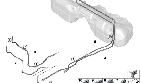 Tubo de retorno de combustible delantero OEM 16125A1A320 para BMW G42, G20, G21, G28, G22, G23, G26. Compatible con motores diésel B47. Repuesto original BMW.