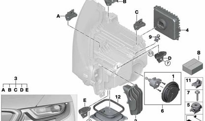 Kit de reparación de faro delantero OEM 63117387447 para BMW i8 I12 (2014-2018) e I15 (2018-2020). Compatible con versiones híbridas y eléctricas. Original BMW.