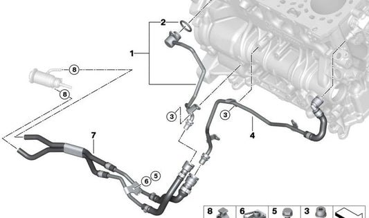 Tubo del bloque motor OEM 11538471773 para BMW G20, G21, G30, G31, G32, G01, G02, G05, G42. Compatible con motores B47D y B47B. Original BMW.