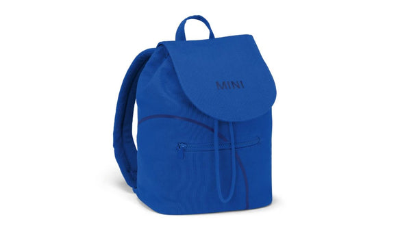 Mochila MINI Outline Print azul 11L OEM 80225B320C3 para MINI. Diseño urbano con cierre magnético, correas ajustables, varios bolsillos y forro interior con patrón. Accesorio original MINI ideal para el día a día.