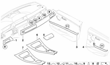Moldura embellecedora puerta delantera izquierda OEM 51419171789 para BMW E90, E91. Original BMW.