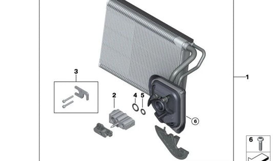 Évaporateur avec soupape d'expansion pour BMW 2 G42 Série, G87, série 3 G20, G21, G28, G80, G81, 4 G22 Série, G23, G26, G82, G83, X3 F97, G01, G08, X4 F98, G83, Z4 G29 (OEM 64119382867). BMW d'origine.