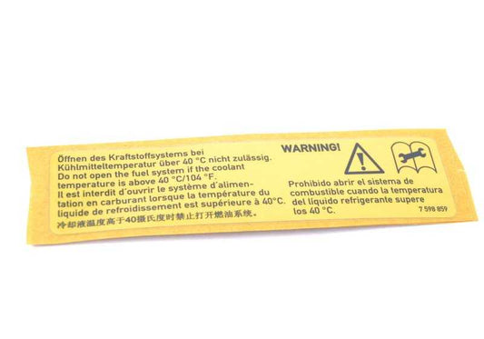 Etiqueta advertencia sistema alta presión de combustible OEM 71227598859 para BMW E82, E88, F20, F21, F22, F23, F45, F46, F87, E90, E91, E92, E93, F30, F31, F34, F80, G20, F32, F33, F36, F82, F83, G22, G26, F07, F10, F11, G30, G31, F06, F12, F13, G3