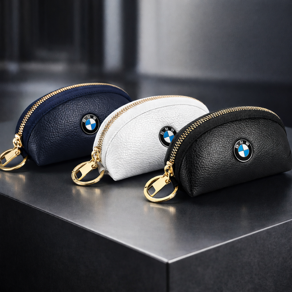 Portefeuille / Porte-clés en cuir BMW avec fermeture éclair (noir, bleu et blanc) – Style Premium