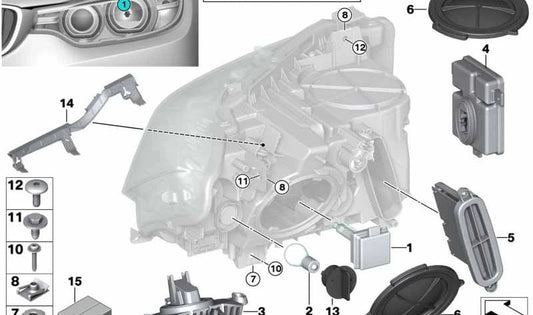 Soporte derecho faro delantero OEM 63117400480 para BMW F30 y F31 (316d, 316i). Compatible con versiones con motor N47, B47 y N13. Original BMW.