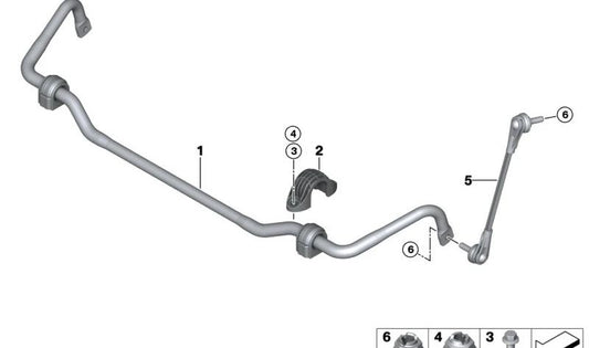 Front stabilizer bar with rubber mounts OEM 31306853612 for BMW G42, G20, G21, G22, G23, G26. Original BMW.