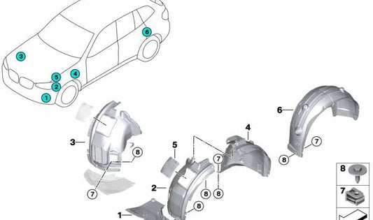 Cubierta interior paso de rueda delantera derecha OEM 51717394816 para BMW X3 {F97, F97N, G01, G01N, G08, G08N} y BMW X4 {F98, F98N, G02, G02N}. Original BMW.