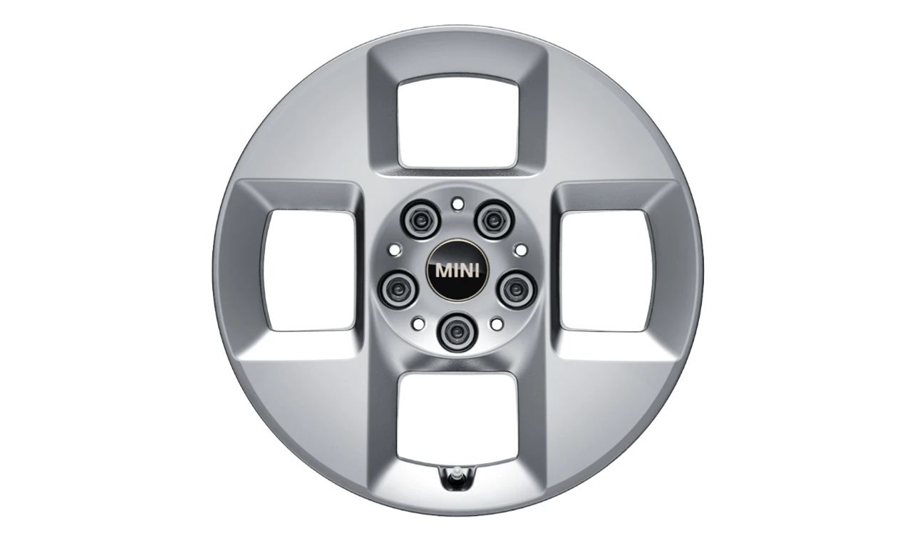 Llanta de aleación 6,5Jx16 H2 ET40 4-Square Spoke 980 refined silver OEM 36105A72925 para MINI Cooper E y Cooper SE J01… y más. Original MINI.