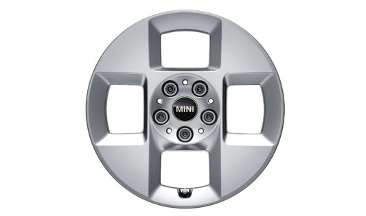 Llanta de aleación 6,5Jx16 H2 ET40 4-Square Spoke 980 refined silver OEM 36105A72925 para MINI Cooper E y Cooper SE J01… y más. Original MINI.