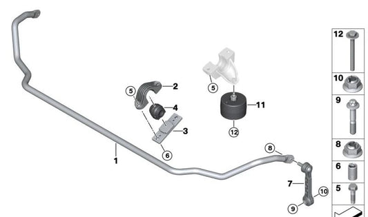 Soporte estabilizador trasero izquierdo OEM 37126861481 para BMW G30, G31, G31N, G60, G32, G32N, G11, G11N, G12, G12N, G70, G05, G18, G18N, G06, G06N, G07, G07N. Original BMW.