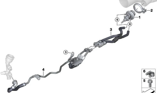 Tubo retorno/ida módulo dosificador OEM 17128473962 para BMW F20 (114d, 116d, 116d ED, 118d). Compatible con motores B37 y B47. Parte del sistema de refrigeración. Original BMW.