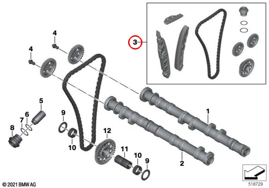 Set catena di distribuzione OEM 11008536327 per moto BMW S 1000 RR, S 1000 R, S 1000 XR, HP4. BMW Motorrad originale.