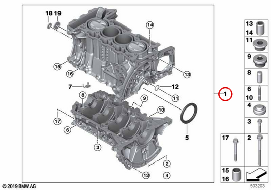 Cárter de cilindros con mecanismo cigüeñal OEM 11112166876 para MINI R56 LCI, R55 LCI, R57 LCI, R58, R59, R60, R61. Original MINI.