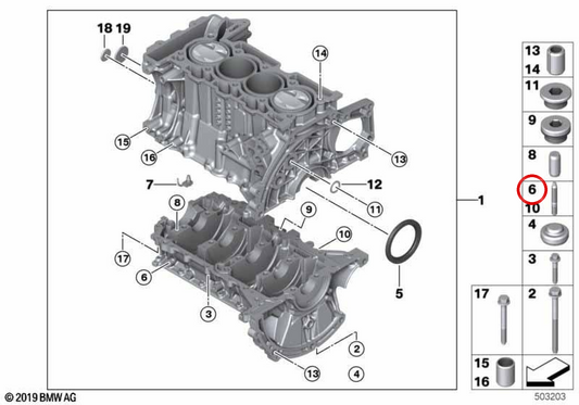 Tornillo de pasador M8 OEM 11117630213 para BMW Serie 1 F20 F21, Serie 3 F30 F31 y MINI R55 R56 R57 R58 R59 R60 R61. Original BMW y MINI.