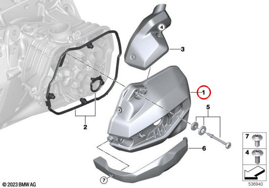 Copertura Cusse sinistra OEM 11127109363 per BMW Motorrad R 1300 GS, R 1300 GS Adventure, R 1300 RT, R 1300 R, R 1300 Rs. BMW MOTORAD originale.