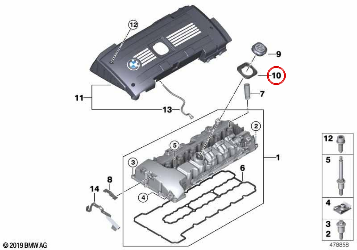 Coperchio della valvola OEM 1112755399 per BMW E82, E88, E90, E91, E92, E93, E60, E61, F10, F11, E63, E64, F01, F02, E71, E89. BMW originale.