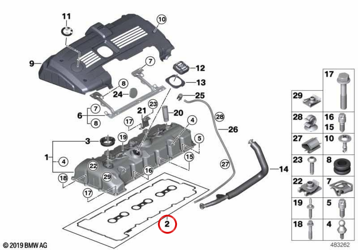 Junta de tapa de válvulas OEM 11127582245 para BMW E81, E82, E87, E88, E90, E91, E92, E93, E60, E61, F10, F11, E63, E64, E65, E66, F01, F02, E84, E83, F25, E70, E85, E86, E89. Original BMW.
