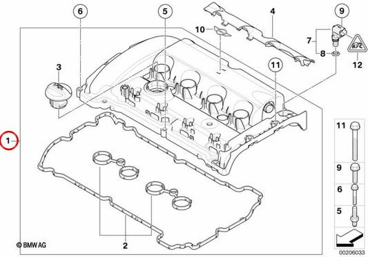 Cubierta de culata OEM 11127646555 para MINI R55 Clubman, R56, R57 Cabrio, R58 Coupé, R59 Roadster Cooper S y JCW motor N14... y más. Original MINI.