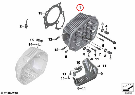 Cabeça do cilindro esquerda prateada OEM 11127724475 para motos BMW R 1200 R e R nineT. BMW Motorrad Original