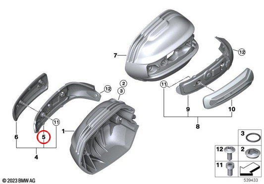 Right ignition coil cover bracket OEM 11128103330 for BMW Motorrad R 12 nineT, R 12 and R 12 G/S motorcycles. Original BMW Motorrad.