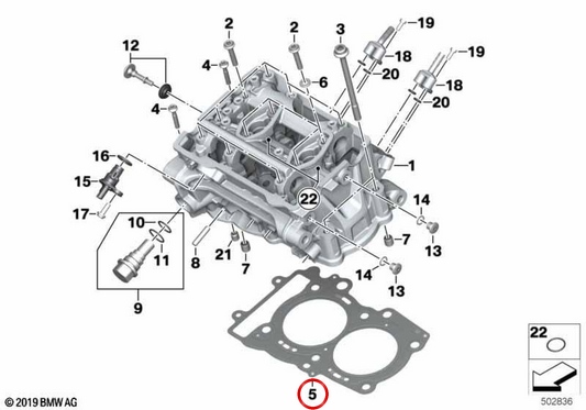 OEM cylinder head gasket 11128388429 for BMW F750 GS, F800 GS, F850 GS, F850 GS Adventure, F900 GS and F900 GS Adventure motorcycles. Original BMW Motorrad