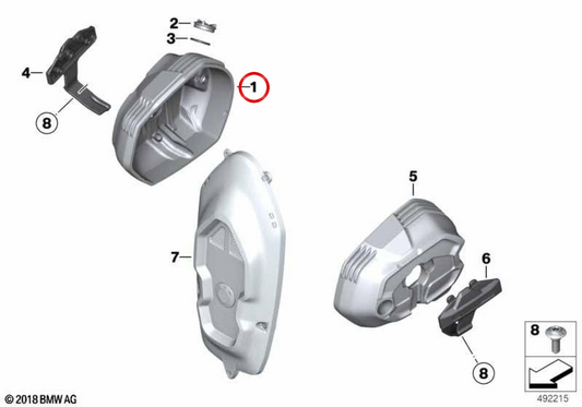 Right cylinder head cover OEM 11128394702 for BMW Motorrad R nineT, R nineT Pure, R nineT Scrambler, R nineT Racer and R nineT Urban G/S motorcycles. Original BMW Motorrad.