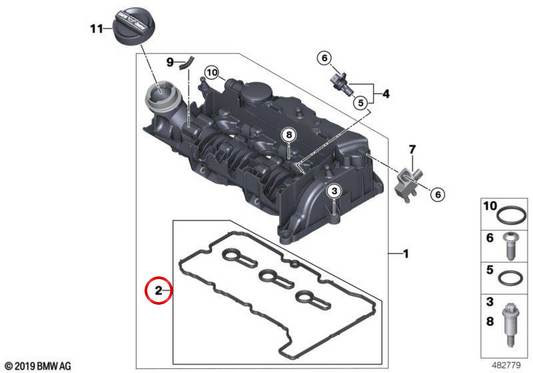 Juego de juntas tapa de balancines OEM 11128583292 para BMW F20, F21, F45, F46, F48 y MINI F54, F55, F56, F57, F60. Original BMW y MINI.