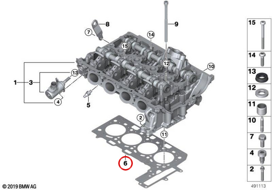 Junta de culata OEM 11128627108 para BMW F45, F46, F48, F55, F56, F54. Original BMW.