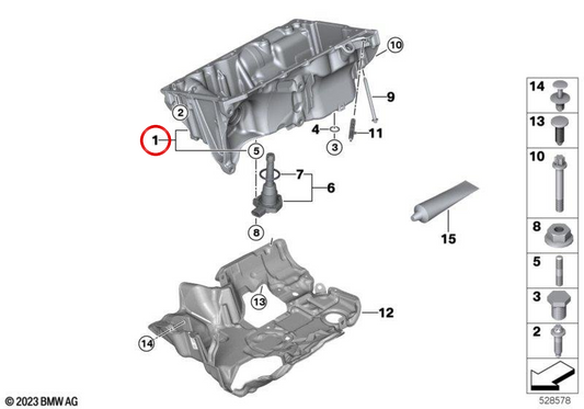 Cárter de óleo OEM 11138580124 para BMW G42, G20, G21, G28, G22, G23, G26, G30, G31, G38, G60, G61, G68, G12, G01, G08, G45, G02, G05, G18, G06. BMW genuíno.