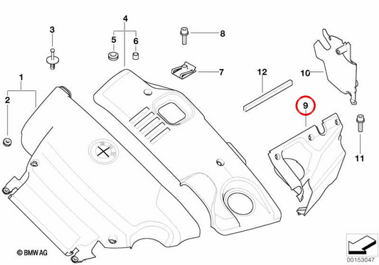 Cubierta acústica izquierda OEM 11142247597 para BMW E46. Original BMW.