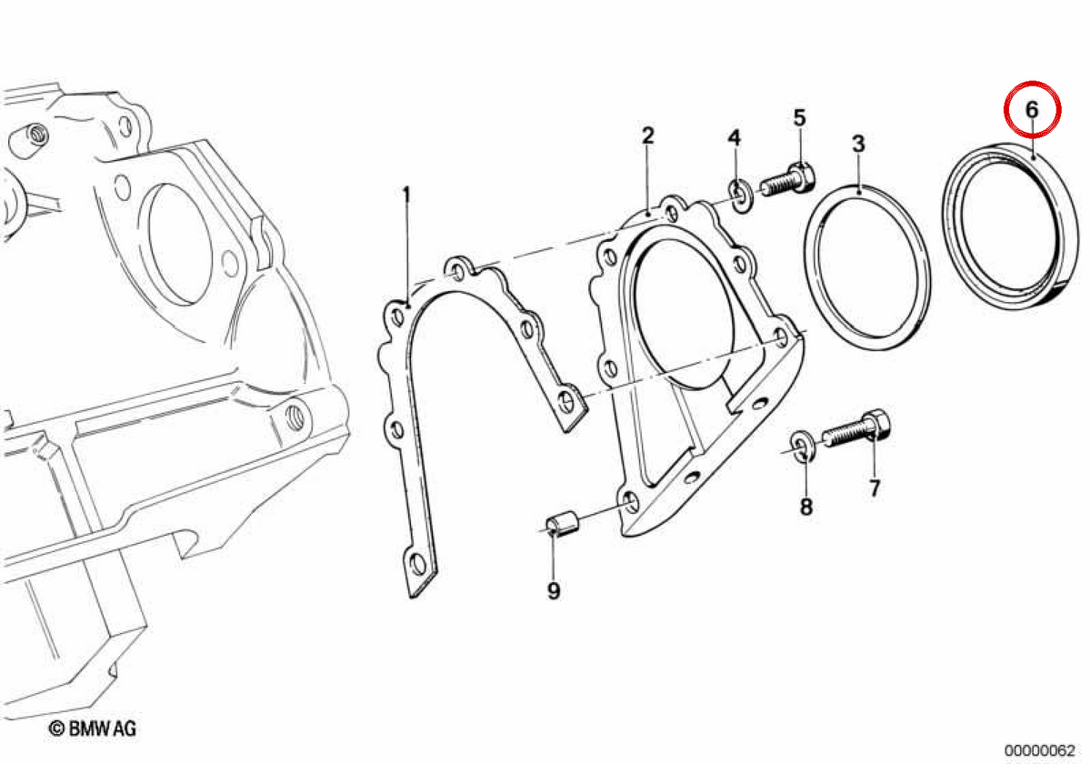 OEM 11142249533 Kurbelwellenhalter für BMW E21, E30, E36, E46, E12, E28, E34, E39, E60, E61, E24, E23, E32, E38, E65, E66, E83, E53, E85, E85, E85, E86. Original BMW.