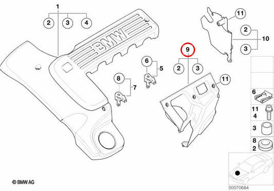 Cubierta acústica izquierda OEM 11147785145 para BMW E39. Original BMW.